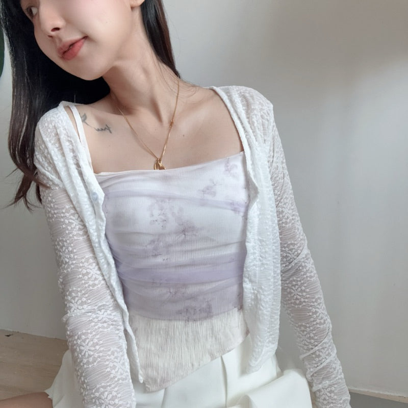 【T562】新中式💗小清新水墨画自带胸垫背心+蕾丝针织外套开衫两件套