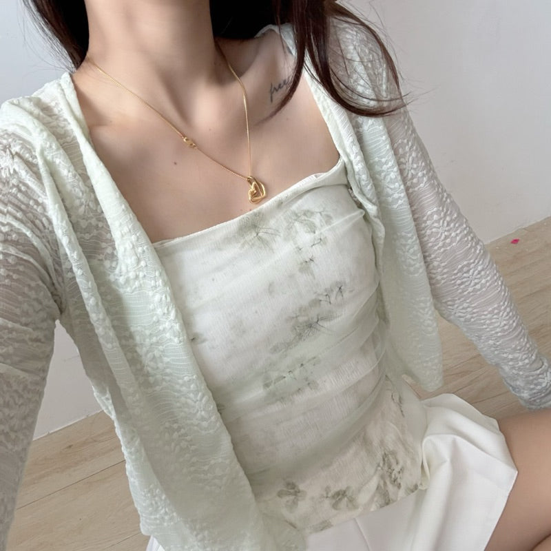 【T562】新中式💗小清新水墨画自带胸垫背心+蕾丝针织外套开衫两件套