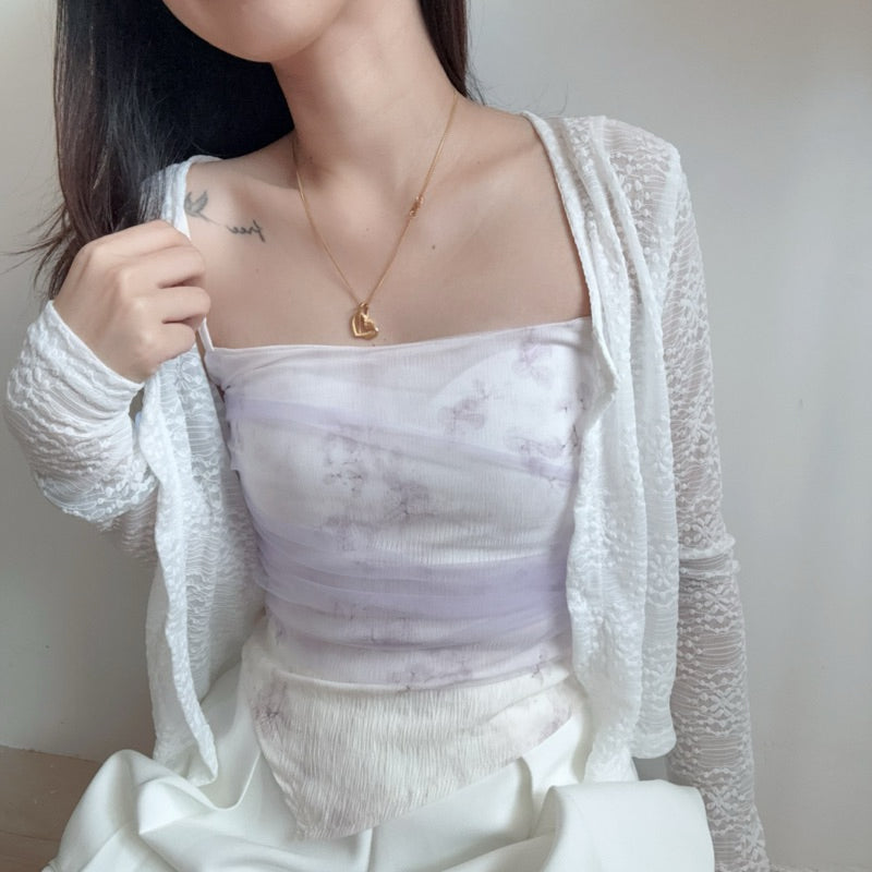 【T562】新中式💗小清新水墨画自带胸垫背心+蕾丝针织外套开衫两件套