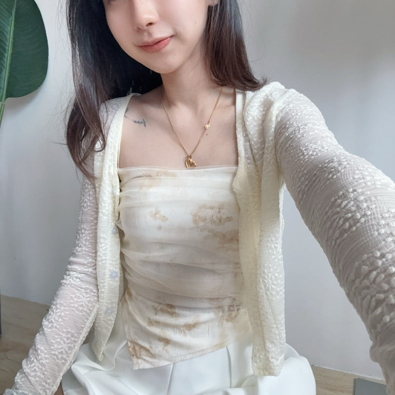 【T562】新中式💗小清新水墨画自带胸垫背心+蕾丝针织外套开衫两件套