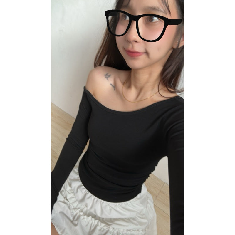【T539】气质斜肩长袖修身上衣百搭日常女上衣 Thong Glom