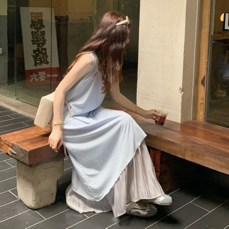 【T404】人鱼珠光假两件连身裙