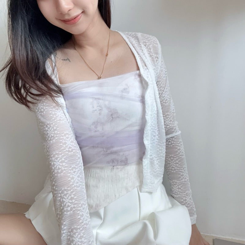 【T562】新中式💗小清新水墨画自带胸垫背心+蕾丝针织外套开衫两件套
