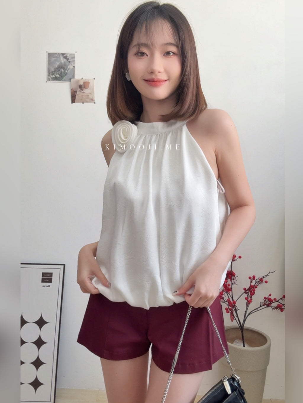 【T981】熟女风· 缎面高级感花苞无袖上衣玫瑰挂脖上衣