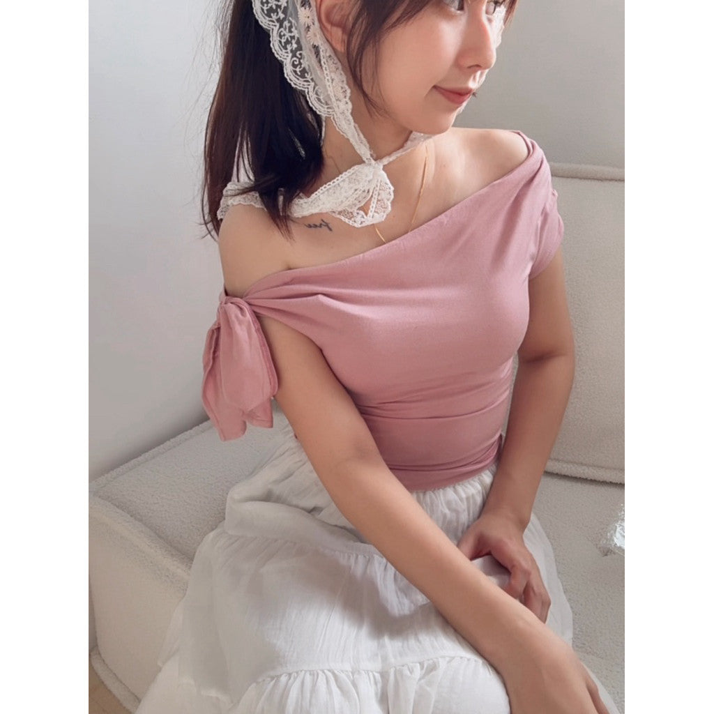 【T788】纯欲天菜💕莫代尔系带修身斜肩款上衣