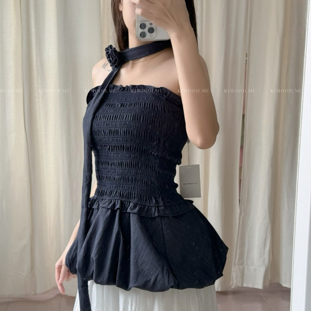 【T811】辣妹风木耳边抹胸泡泡下摆上衣