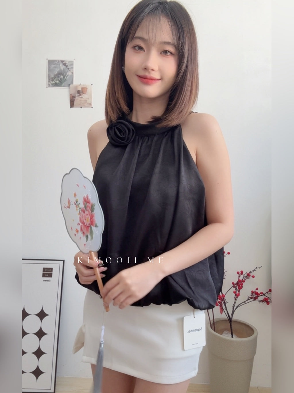 【T981】熟女风· 缎面高级感花苞无袖上衣玫瑰挂脖上衣